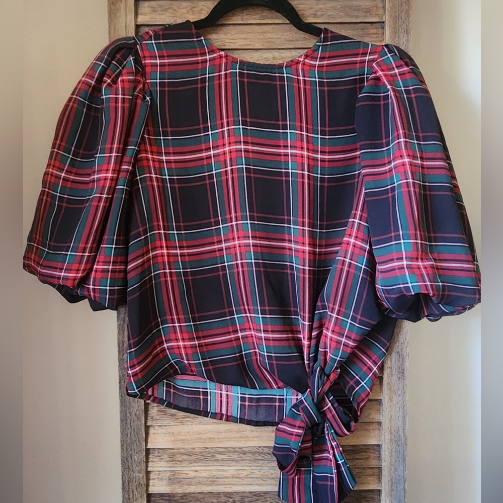 Vince Camuto Red and Black Plaid Puff-Sleeve Blouse